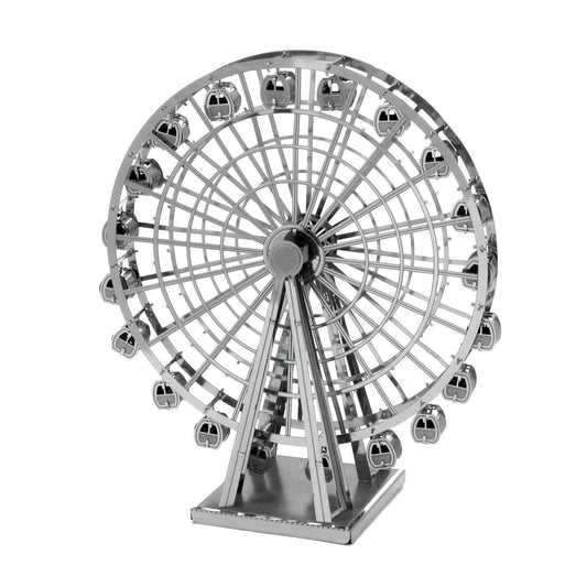 Maquette métallique grande roue Metal Earth, vue de face légèrement inclinée, avec détails précis des rayons et de la base