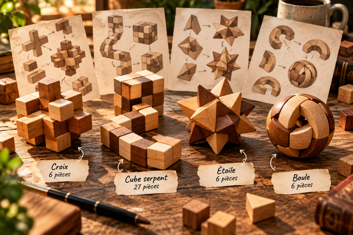 Solution casse-tête en bois : croix, cube, étoile et boule