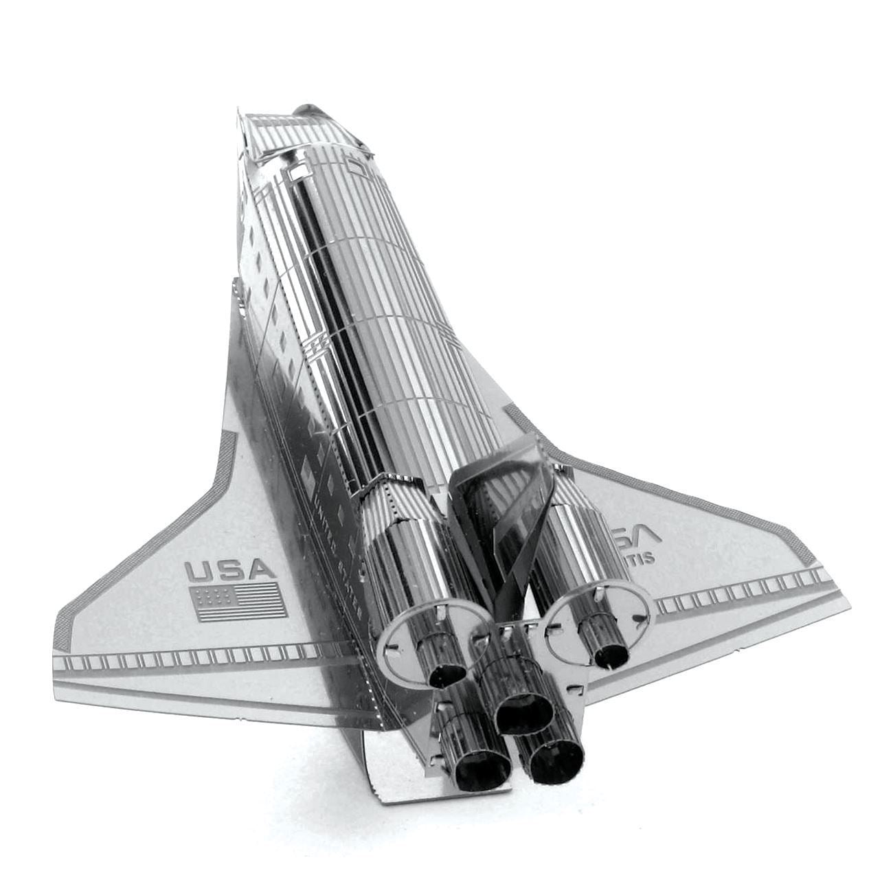 Maquette 3D métal navette spatiale Metal Earth, vue arrière, moteurs principaux et aile delta marquée USA.