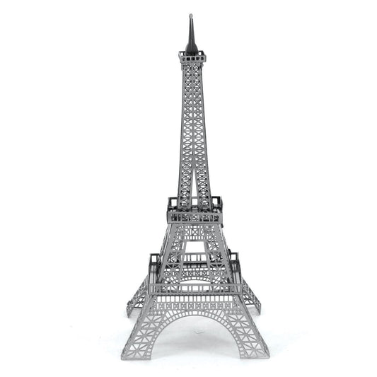 Maquette 3D métal Tour Eiffel Metal Earth vue de face, arches iconiques et treillis métalliques précisément reproduits