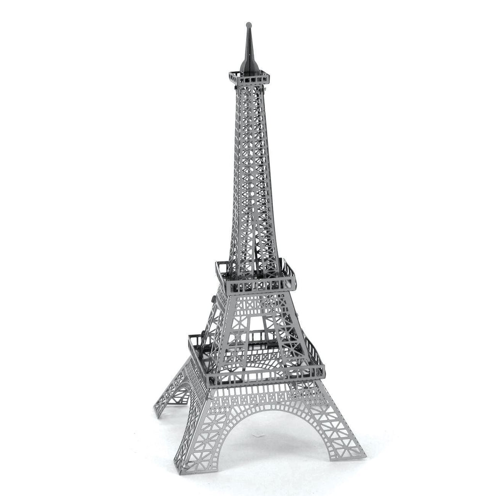 Modèle réduit Metal Earth Tour Eiffel en métal, vue diagonale gauche, structure ajourée et plateaux d'observation détaillés