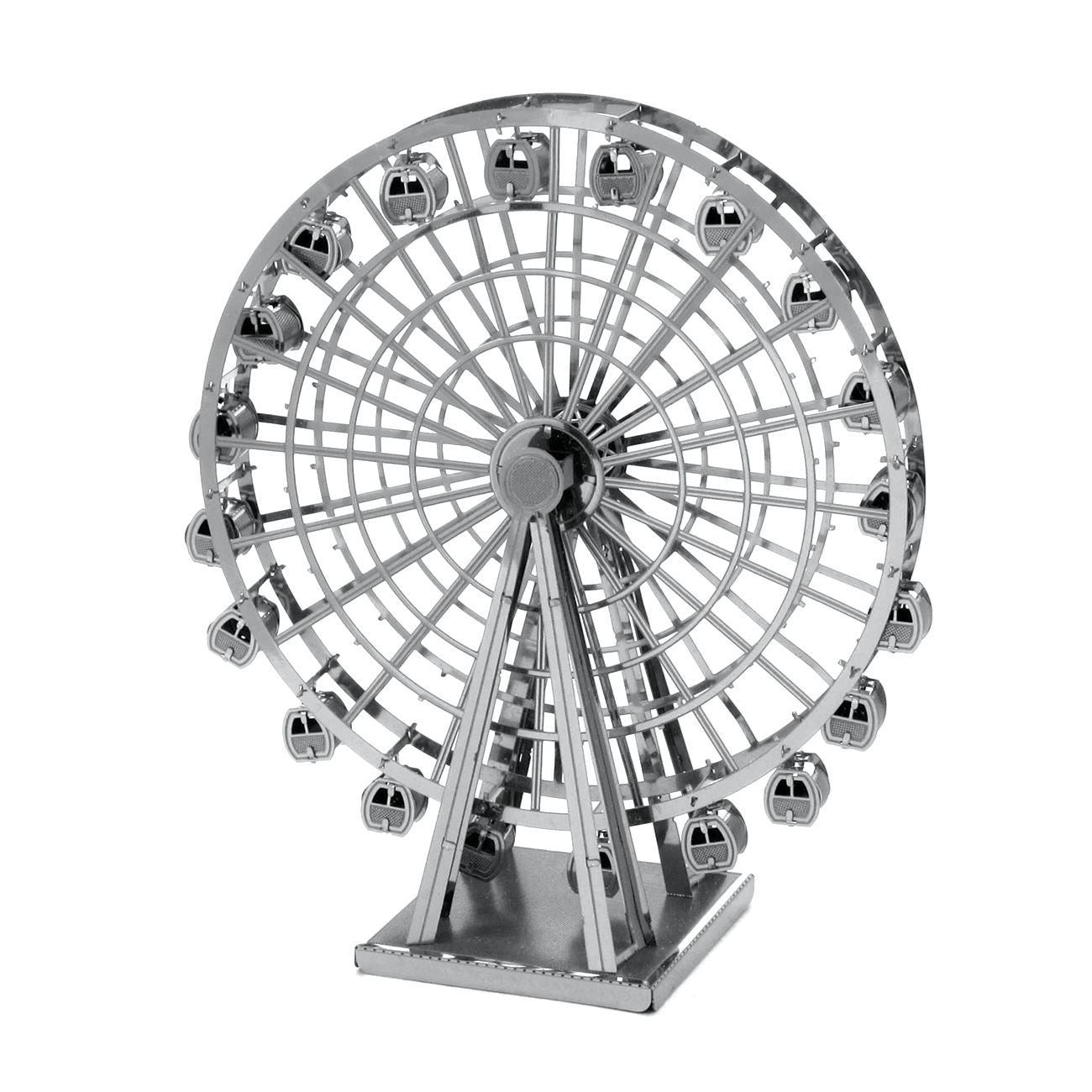 Maquette métallique grande roue Metal Earth, vue de face légèrement inclinée, avec détails précis des rayons et de la base