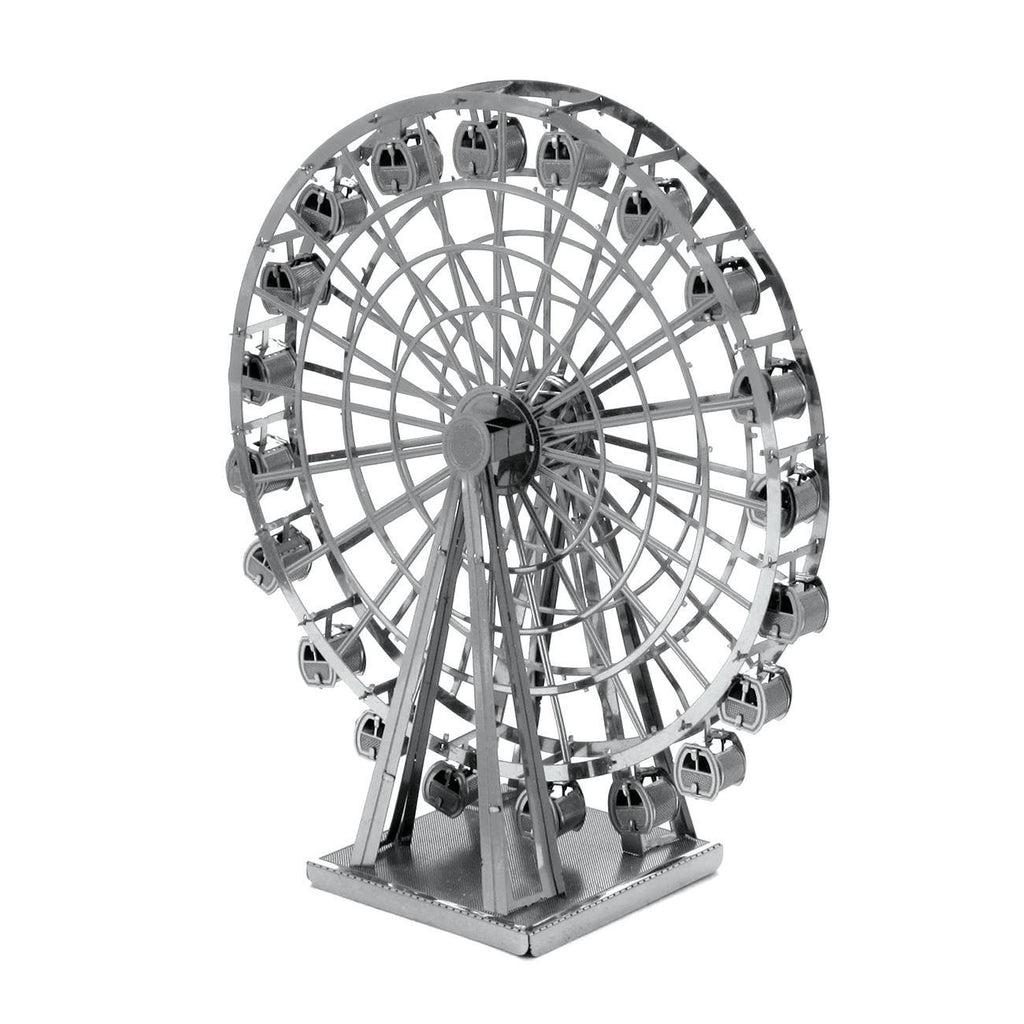 Modèle 3D Ferris Wheel Metal Earth en métal argenté, vu en angle, révélant le design circulaire et les cabines miniatures