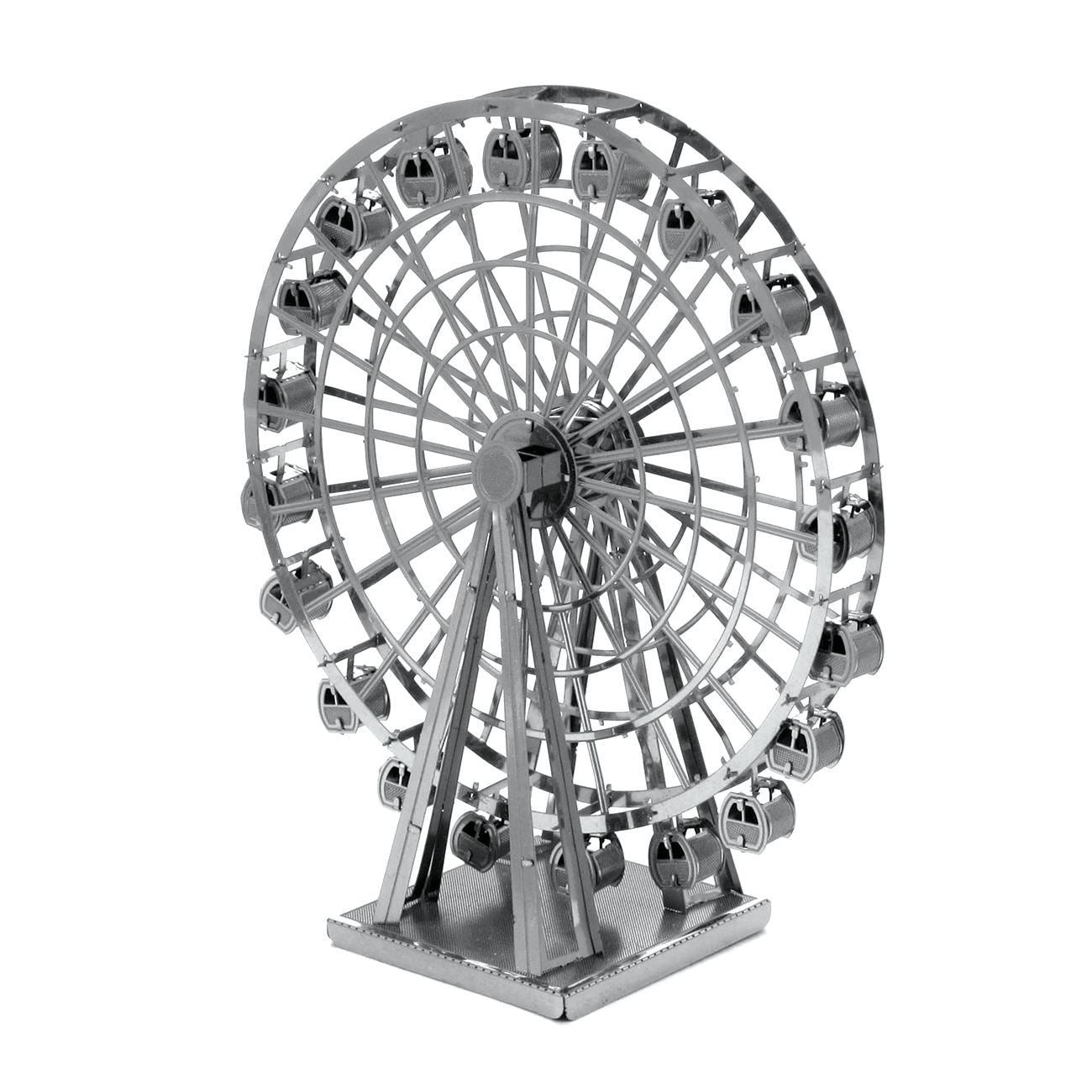 Modèle 3D Ferris Wheel Metal Earth en métal argenté, vu en angle, révélant le design circulaire et les cabines miniatures