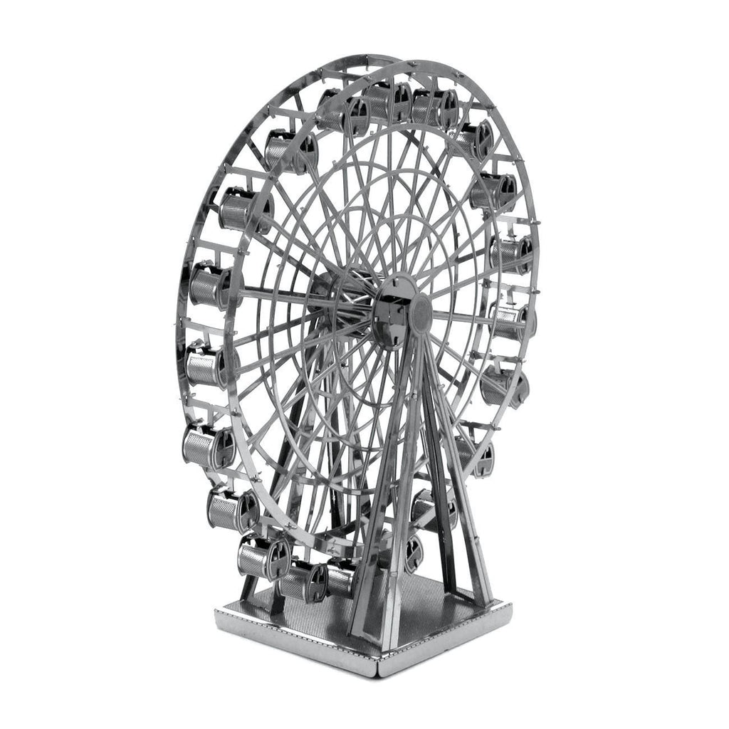 Maquette Metal Earth grande roue en métal argenté, vue de trois-quarts, montrant la structure détaillée du modèle 3D Ferris Wheel.