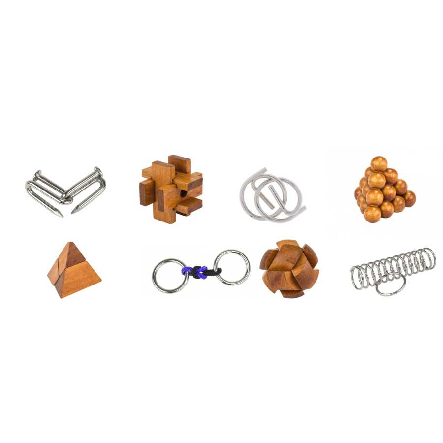Ensemble des 8 casse-têtes bois et métal alignés – puzzles Grands Cerveaux