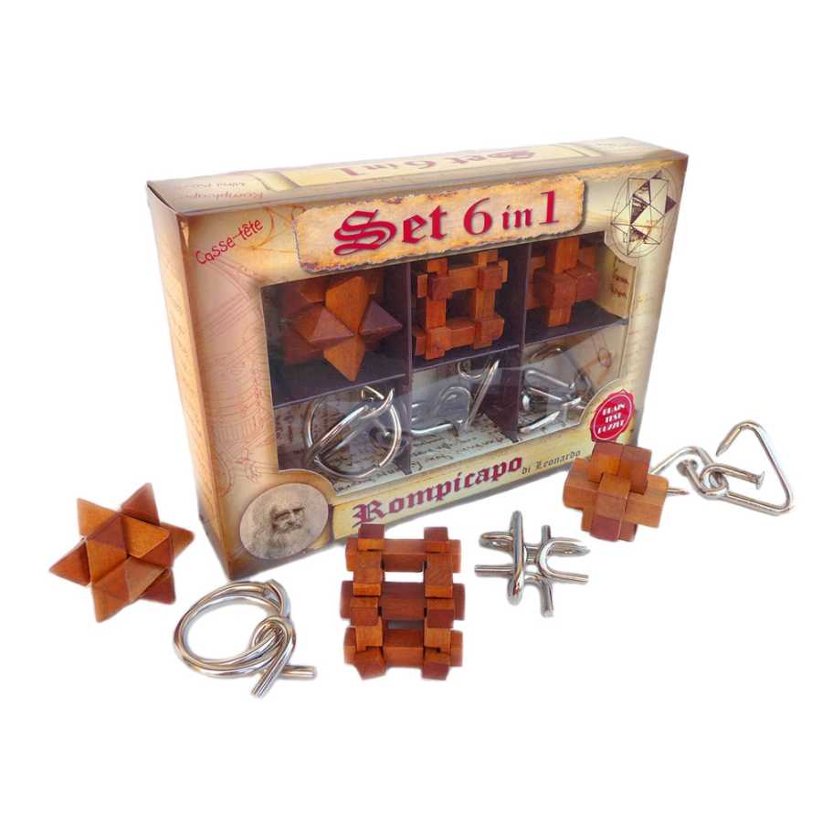 Coffret 6-en-1 Leonardo Puzzles avec trois puzzles en bois et trois en métal
