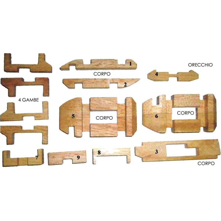 Puzzle Piggy en bois démonté montrant les 13 pièces
