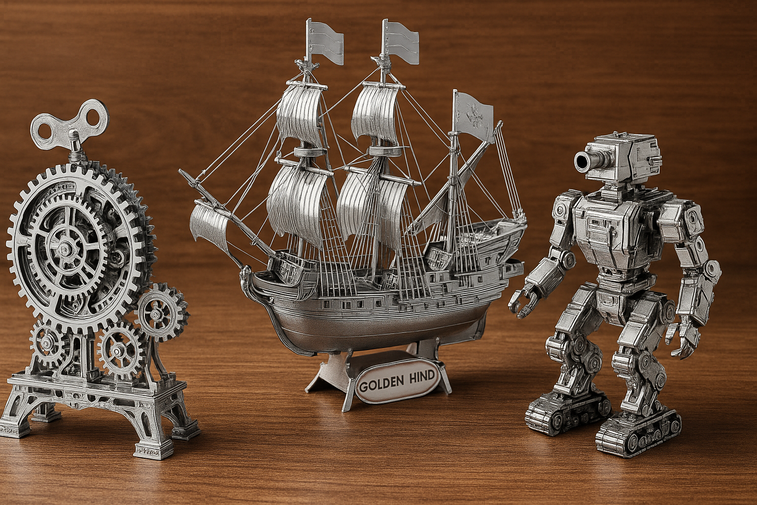 Figurines mécaniques décoratives en métal avec engrenages, comprenant une horloge rétro, un bateau Golden Hind et un robot articulé, parfaites comme casse-têtes décoratifs et objets de collection.