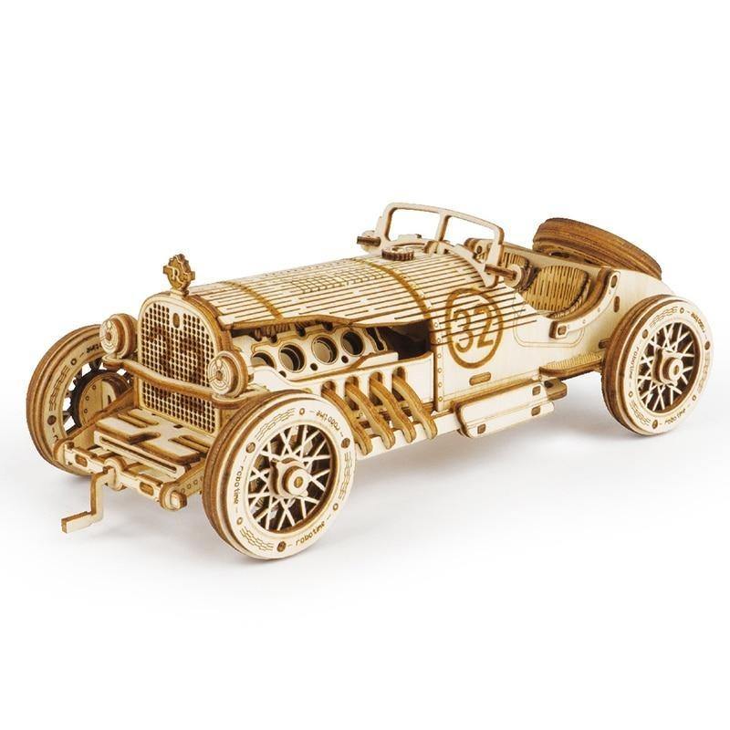 Puzzle 3D voiture de course vintage en bois – maquette mécanique à assembler