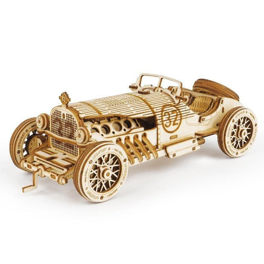 Puzzle 3D voiture de course vintage en bois – maquette mécanique à assembler