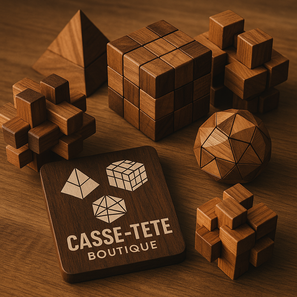 Casse-têtes en bois artisanaux, puzzles de logique et jeux de réflexion présentés par Casse-Tête Boutique.