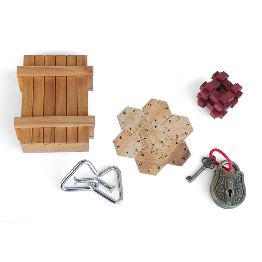 Ensemble de puzzles métalliques et en bois dans le coffret
