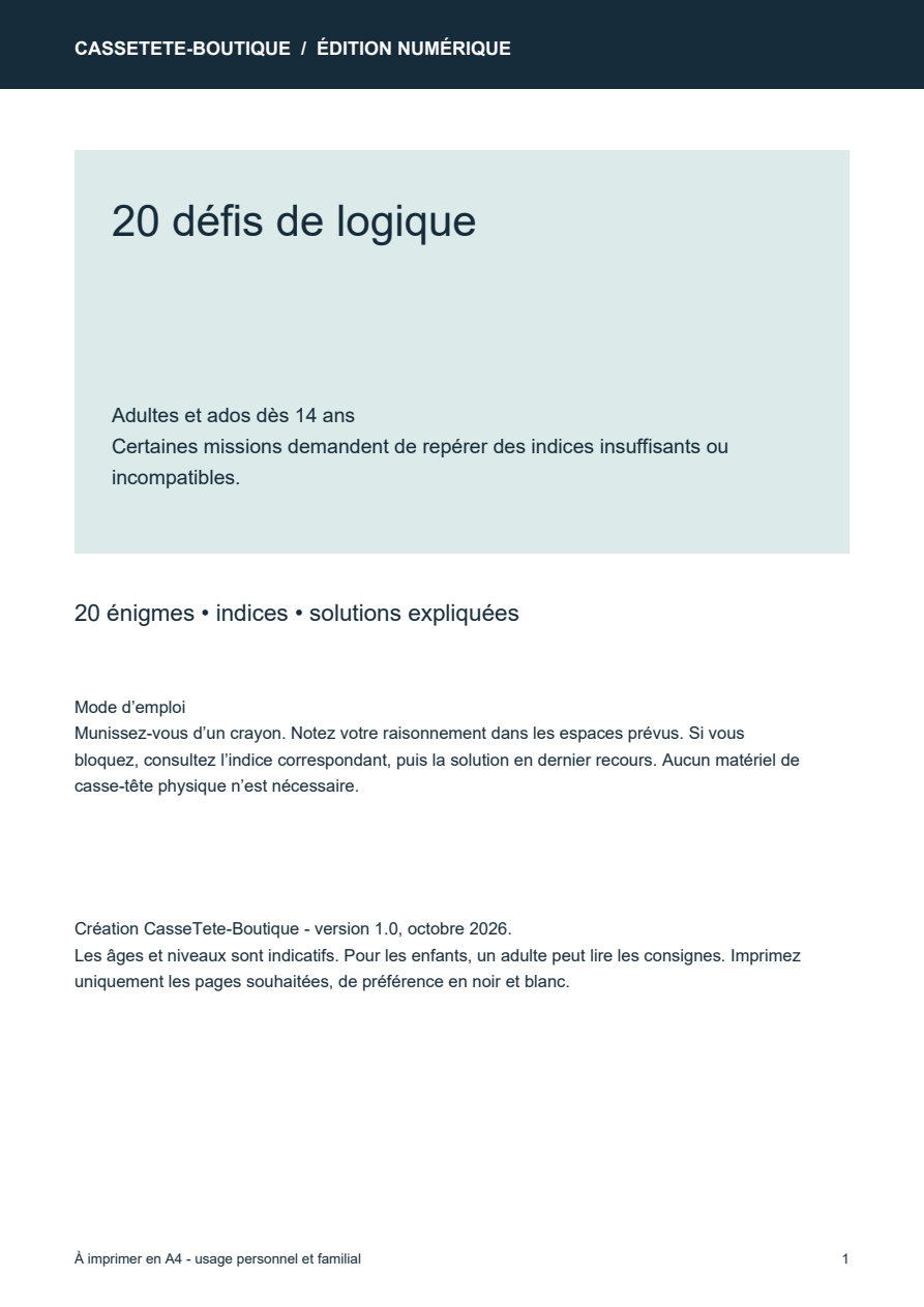 20 défis de logique pour adultes - Livret PDF à imprimer
