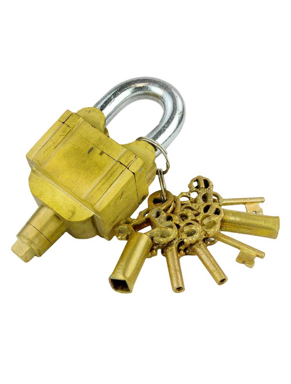 Cadenas-puzzle doré Messing Big avec six clés différentes
