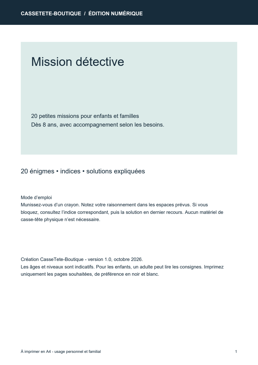 Mission détective - 20 énigmes enfants et familles - PDF
