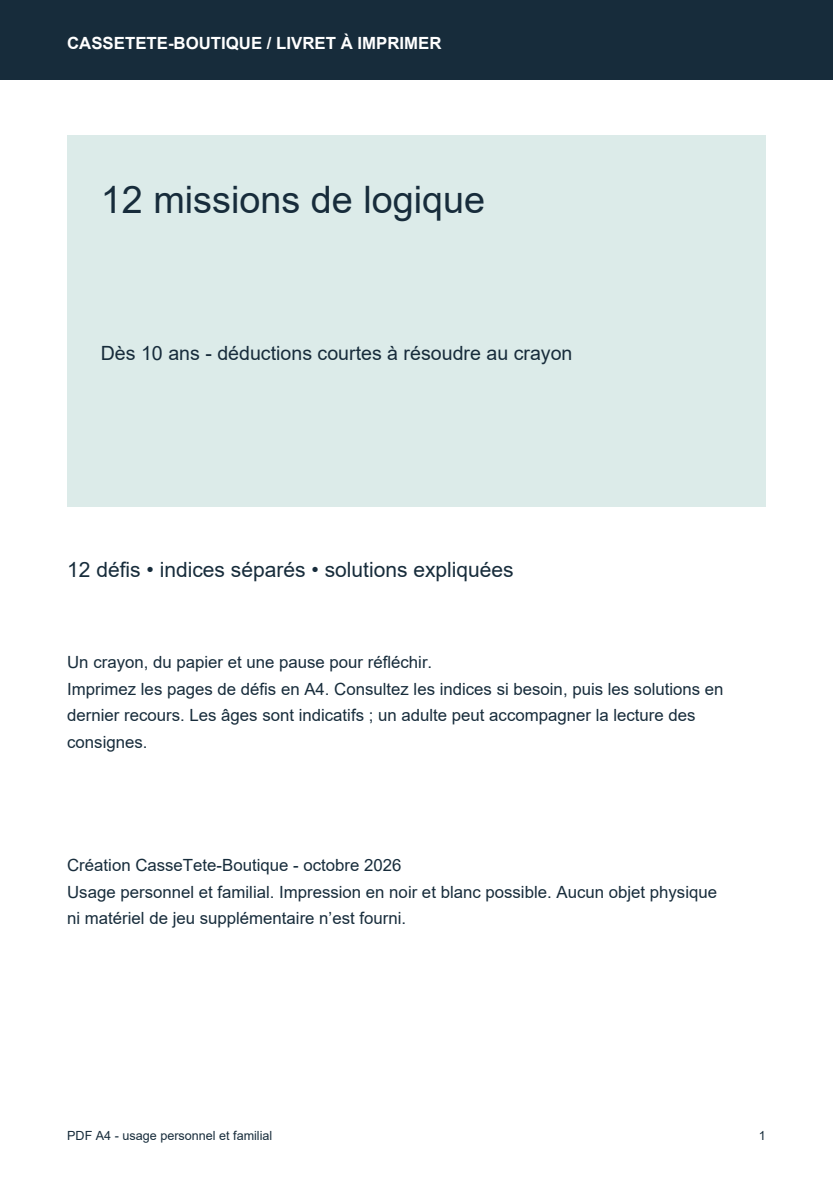 12 missions de logique - Livret PDF à imprimer