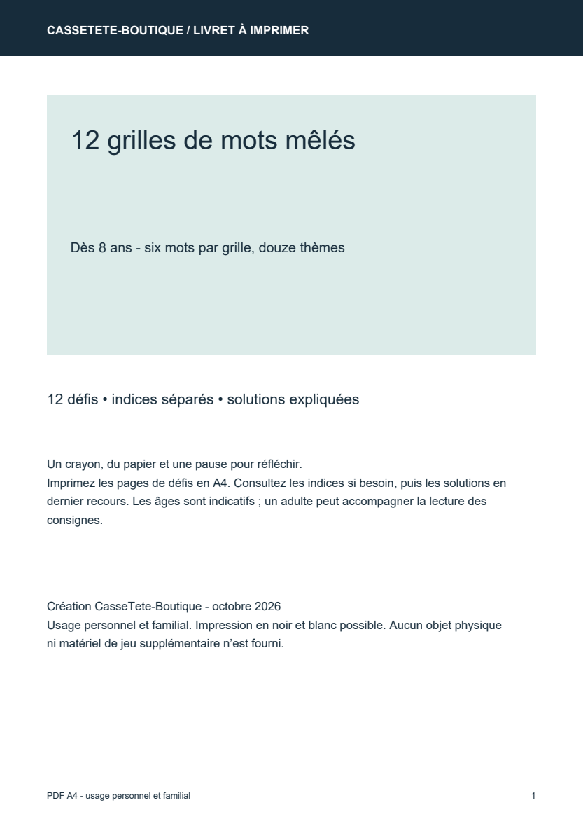 12 grilles de mots mêlés - Livret PDF à imprimer