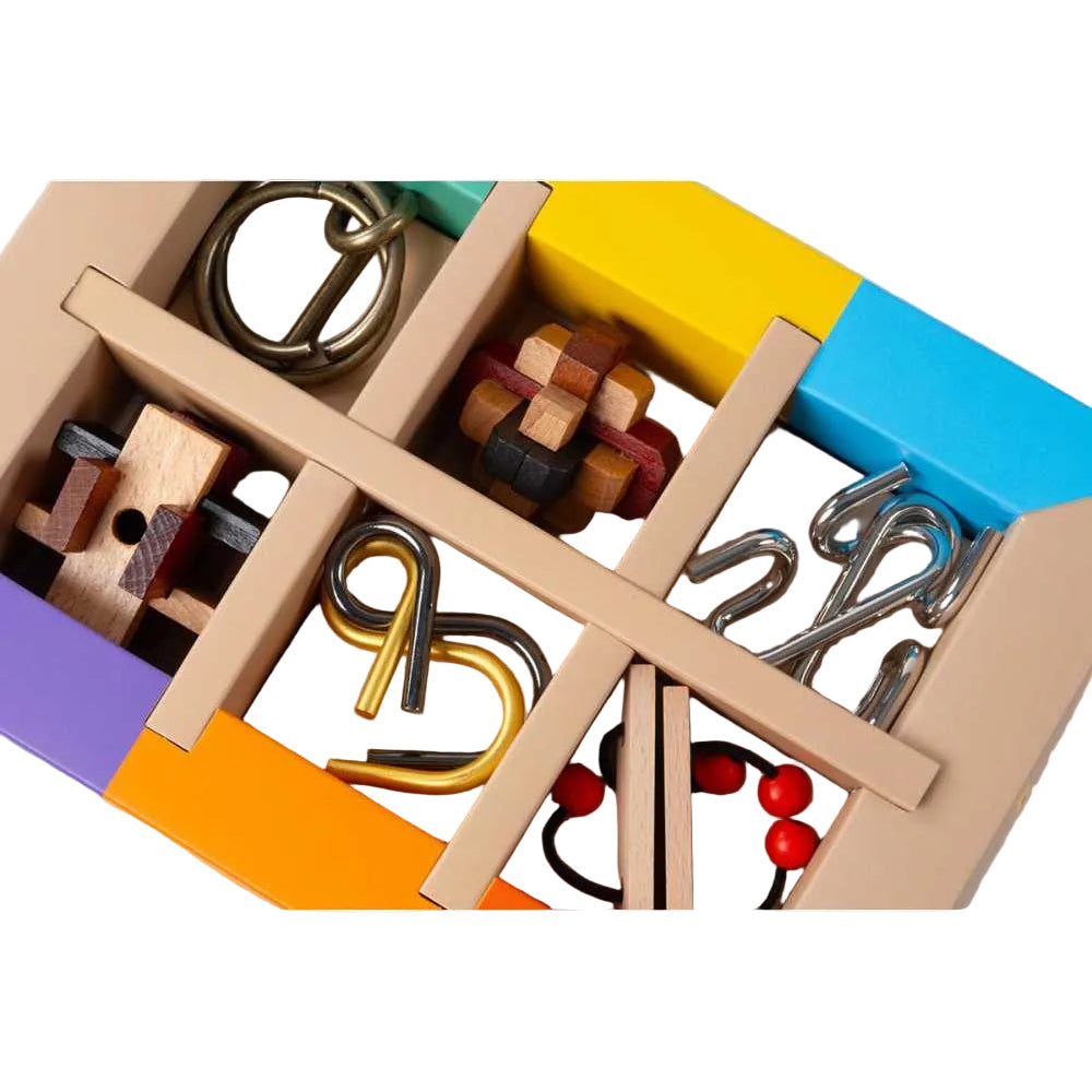 Ensemble de 6 casse-têtes en bois et métal alignés