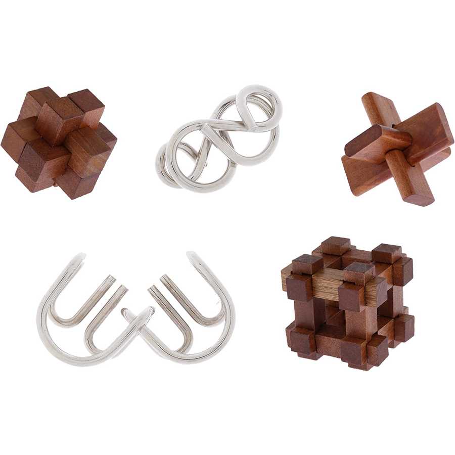 Ensemble de 5 casse-têtes bois et métal – défis variés Les Grands Cerveaux