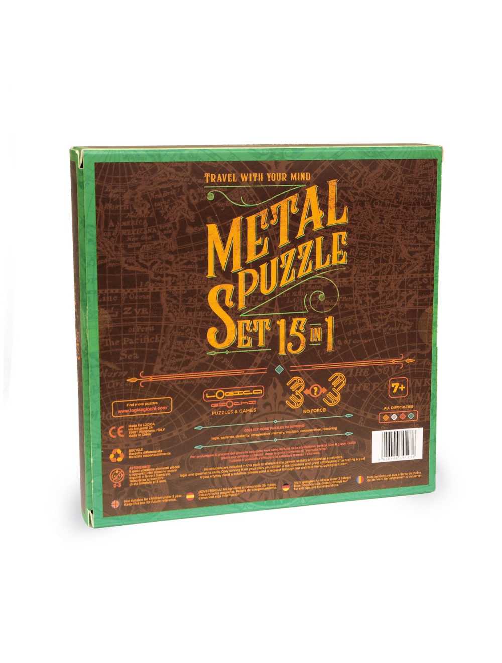 Présentation des 15 mini casse-têtes métalliques vert dans leur coffret