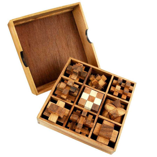 Coffret Wood Set 9-en-1 avec neuf casse-têtes en bois
