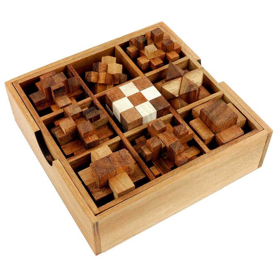 Ensemble de 9 puzzles en bois présentés dans une valisette
