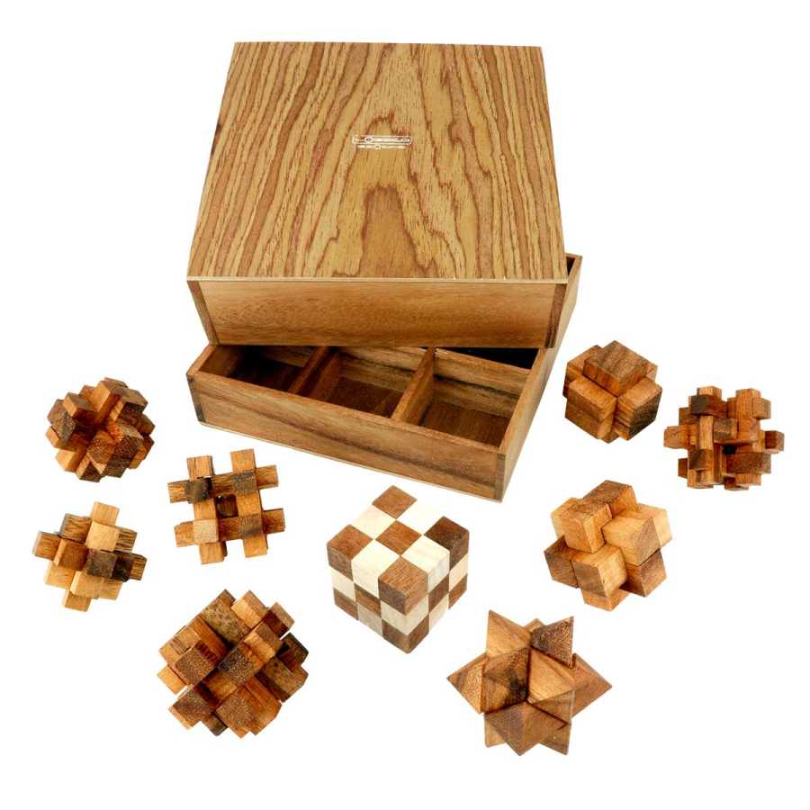 Casse-têtes en bois du Wood Set 9-en-1 posés sur une surface neutre

